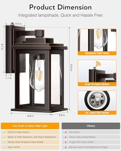 VIANIS Oil Rubbed Bronze Dusk to Dawn Outdoor Lights, Anti-Rust Aluminum Outside Lights for House, Modern Waterproof Hardwired Outdoor Wall Sconce for Porch, Garage, Front Door, Easy-to-Install - Image 6