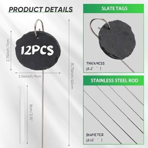 Colingmill 12 Sets Plant Labels Slate Plant Tags Garden Sign Marker Weatherproof Reusable Natural Slate Garden Sign Hanging Tag with Metal Stake and Pen for Outdoor Flower Vegetable(Oval) - Image 2