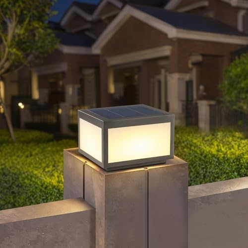 Solar Post Lights Outdoor Pillar Light,Solar Cap Column Lighting LED Square Deck Cap Lamp for Flat Surface Patio Garden Decoration, Stainless Steel Lamp Post Dusk to Dawn with IP65 Waterproof（10"x10"） by Unknown