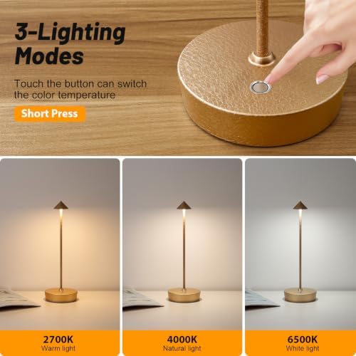 2Pack Rechargeable Cordless Table Lamp, Portable Powered LED Battery 6000mAh Metal USB Desk Lamp, 3 Levels Brightness Light for Restaurants Outdoor (2pack LCE Flower Gold) - Image 3