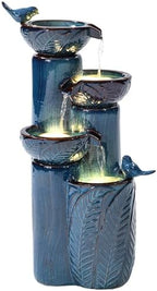 34" H Ceramic Outdoor Water Fountain with LED Lights, 4-Tier Bowl Water Feature with Birds, Teal Blue Glaze, Embossed Leaf Pattern, Cascading Waterfall for Tranquil Garden, Patio, or Porch - Image 2