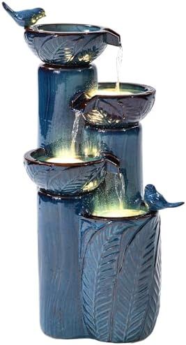 34" H Ceramic Outdoor Water Fountain with LED Lights, 4-Tier Bowl Water Feature with Birds, Teal Blue Glaze, Embossed Leaf Pattern, Cascading Waterfall for Tranquil Garden, Patio, or Porch - Image 2