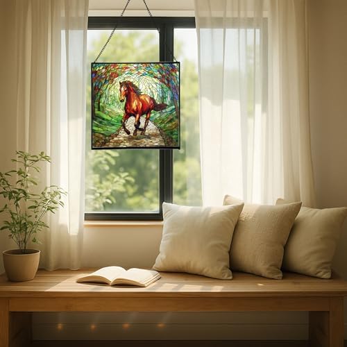 Chestnut Standardbred Horse Trotting Down Hillside Road Square Suncatcher – Stained Glass Style Window Panel with Pastoral Scene, Custom Decorative Hanging Art for Equestrian Home, Christmas SZMmNq - Image 7