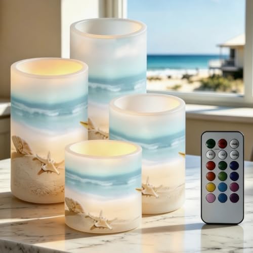 LED Flameless Candles with Remote Timer, Beach Seashell Starfish by NETILGEN