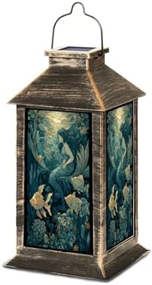 Solar Lantern Magical Mermaid Stained Glass Glowing Fish Soft Backlighting Garden Hanging Lantern Waterproof Solar Powered Lighting Outdoor Table Lamp for Deck Yard Camping Patio Nautical Decor by Unknown