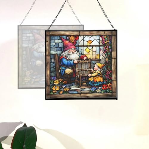 Gnome Weaving Stained Glass Suncatcher – Square Hanging Window Panel for Home, Garden, Nursery, Halloween, Christmas, Memorial Day – Whimsical Glass Art Gift for Gnome Lovers dvs12p - Image 4