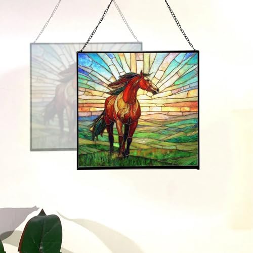 Bay Lusitano Horse Standing ATOP Hill at Sunset Square Suncatcher – Stained Glass Style Window Panel with Pastoral Scene, Custom Decorative Hanging Art for Equestrian Home, Christmas nJns2w - Image 4