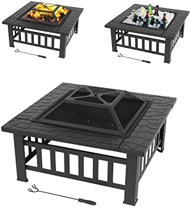 Outvita 32in Fire Pit Table, Outdoor Square Metal Firepit Table with Fire Bowl, Mesh Cover and Fire Poker for Patio Yard Garden Camping by Outvita