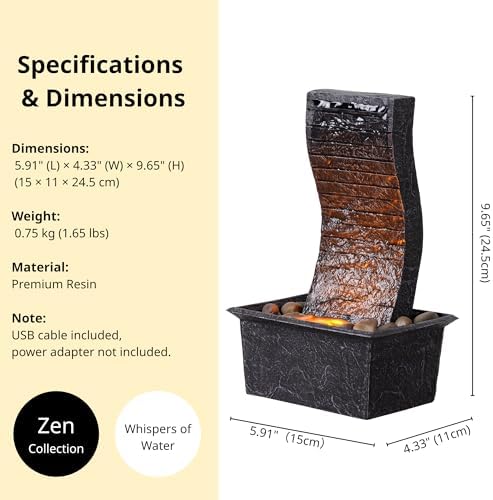 Tabletop Water Fountain Curved Panel Indoor Waterfall Fountain for Bedroom, Office Desk, Living Room, spa, Quiet Zen Desktop Fountain for Home Decor Gift, 9.65 Inch - Image 3