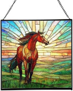 Bay Lusitano Horse Standing ATOP Hill at Sunset Square Suncatcher – Stained Glass Style Window Panel with Pastoral Scene, Custom Decorative Hanging Art for Equestrian Home, Christmas nJns2w by Custom