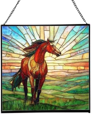 Bay Lusitano Horse Standing ATOP Hill at Sunset Square Suncatcher – Stained Glass Style Window Panel with Pastoral Scene, Custom Decorative Hanging Art for Equestrian Home, Christmas nJns2w by Custom