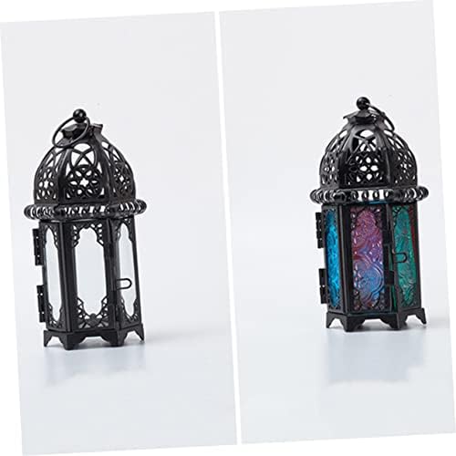 Xmas Iron Candle Lantern 2pcs Black Glass Hanging Moroccan Decor - Image 4