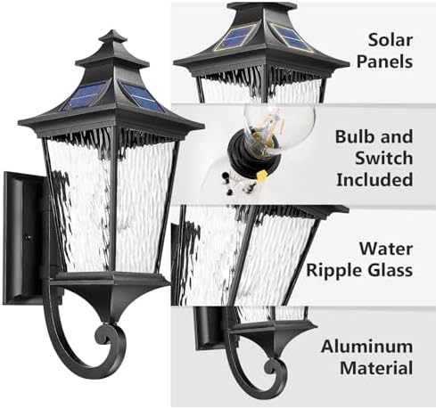 Emliviar Solar Wall Lantern Outdoor, Waterproof Outdoor Sconce Light, Dusk to Dawn LED Exterior Wall Lighting with Water Ripple Glass, Black Finish, 500181-SL SW BK - Image 5