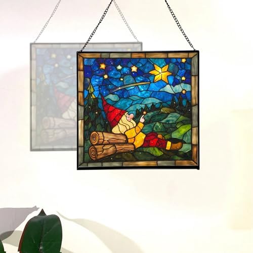 Gnome Stargazing Stained Glass Suncatcher – Square Hanging Window Panel for Home, Garden, Nursery, Halloween, Christmas, Memorial Day – Whimsical Glass Art Gift for Gnome Lovers co5w02 - Image 4