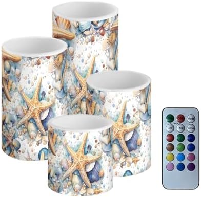 GLENLCWE Flameless LED Candle Electric Pillar Candle with Remote Timer Color Changing Control Long Lasting Pack of 4 Seashell Starfish on Beach Tabletop Coastal Home Indoor Decoration by GLENLCWE