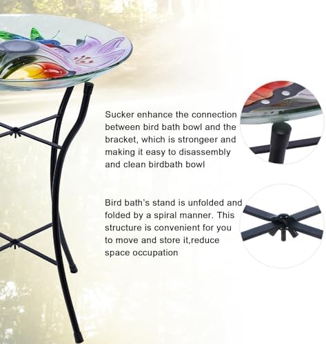 MUMTOP Outdoor Glass Bird Bath Solar Birdbath with Metal Stand Garden Decor - Image 6