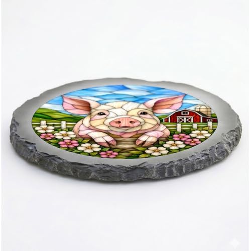 Magnolia Garden 10-Inch Farmhouse Pig Stepping Stone - Faux Stained Glass Country Barn Garden Stone, Weather-Resistant Resin Pathway Accent, Rustic Farm Animal Outdoor Yard Decor & Walkway Plaque - Image 3