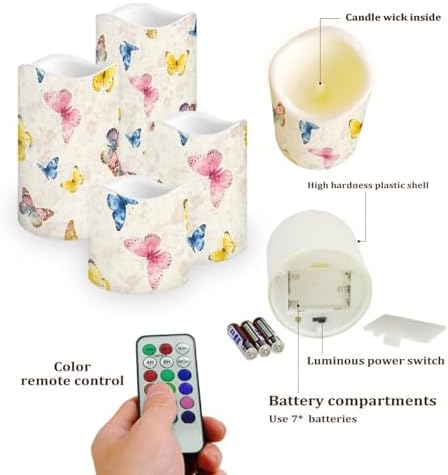 Colorful Butterfly Flameless Candle with Remote Control Electric LED Pillar Candle Timer Color Changing Long Lasting Pack of 4 Battery Candles - Image 3