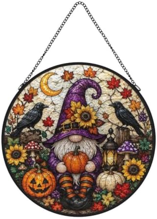 Stained Glass Crow Pumpkin Gnome Suncatcher, Maple Crescent Moon Sunflower Round Panel, Autumn Halloween Spooky Window Hanging Decor - Image 5