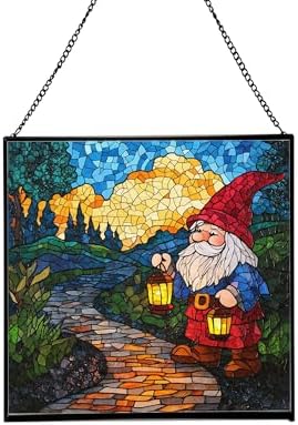 Garden Lantern Path Gnome Stained Glass Suncatcher – Square Hanging Window Panel for Home or Greenhouse – Whimsical Glass Art Gift for Garden Lovers, Christmas, Halloween, Father Days r07p0u by Custom