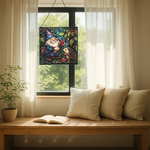 Gnome and Hedgehog Friends Stained Glass Suncatcher – Square Hanging Window Panel for Home or Greenhouse – Whimsical Glass Art Gift for Garden Lovers, Christmas, Halloween, Father Days G365BU - Image 7