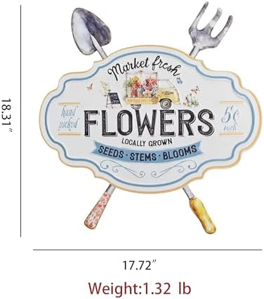 Vintage Metal Garden Sign with Shovel & Fork Decor "Market Fresh Flowers" Rustic Farmhouse Wall Decor for Outdoor Garden Patio Yard 17.5"L (Flower) - Image 2