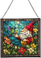 Gnome and Hummingbird Stained Glass Suncatcher – Square Hanging Window Panel for Home or Greenhouse – Whimsical Glass Art Gift for Garden Lovers, Christmas, Halloween, Father Days BoR1o4 by Custom