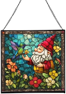 Gnome and Hummingbird Stained Glass Suncatcher – Square Hanging Window Panel for Home or Greenhouse – Whimsical Glass Art Gift for Garden Lovers, Christmas, Halloween, Father Days BoR1o4 by Custom