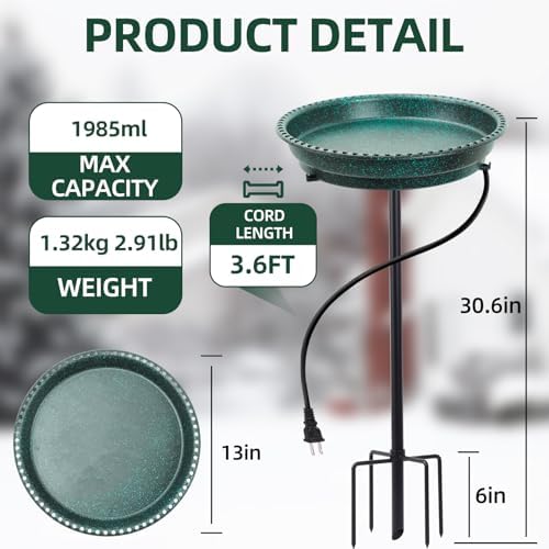 Heated Bird Bath for Outdoors for Winter, 75W Bird Bath Water Heater Bird Bath Deicer,Deep Bowl Thermostatic Control Weather Resistance Available with Stable Metal Pole for All Seasons(Green) - Image 7