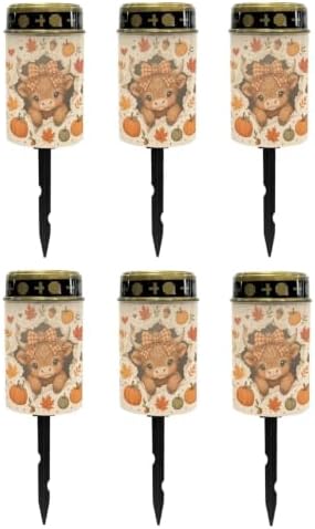 Poceacles Fall Decor Solar Lights Garden Cemetery Flameless Candle Pillar Candle Solar Garden Stake Lights for Thanksgiving Day Decorations, Highland Cow Pumpkin, 6 Pack by Poceacles