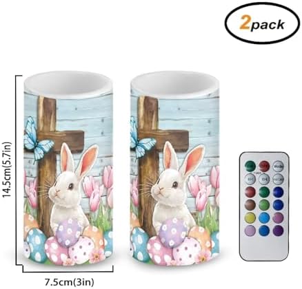 Pack of 2 Butterfly Bunny Eggs Flameless Candles with Timer Battery Operated Candles with Remote Flickering LED Elictric Pillar Tealights for Easter Day Party Decorations - Image 2