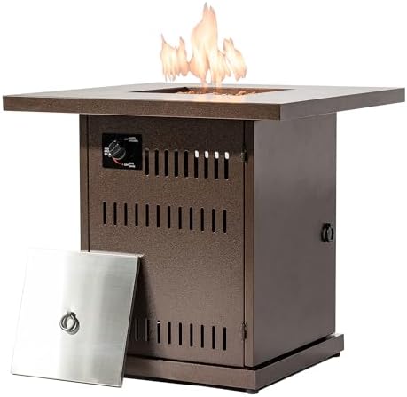 28'' Propane Fire Pit Table, 50,000 BTU Fire Table with Steel Lid, Big Legs, Laval Rocks, Deck Safe Fire Pit, Gas Fire Pits for Outside Patio, Brown. by Senjoys