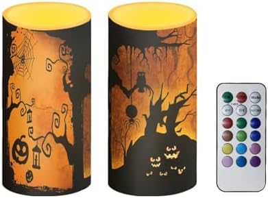 Halloween Battery Operated Candles with Timer Flameless LED Candles Bulk with Remote Devil Pumpkin Tree Print Electric Fake Plastic Pillar Lights Bulk for Home Party Decoration by Merkmak