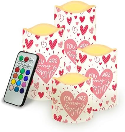 Pink Heart Pattern Flameless Candle with Remote Control Electric LED Pillar Candle Timer Color Changing Long Lasting Pack of 4 Battery Candles Valentine's Day Decoration by Uorisanigo