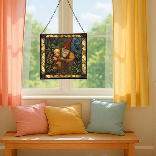Gnome Mother Tending Her Child Stained Glass Suncatcher – Square Hanging Window Panel for Home, Garden, Nursery, Halloween, Christmas, Memorial Day – Whimsical Glass Art Gift for Gnome Lovers fsm36f - Image 5