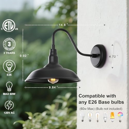 Black Gooseneck Barn Light for Farmhouse 10 Inch Dome Exterior Lights Fixture with Wall Mount, Outdoor Wall Sconce for Garage Porch Patio - Image 4