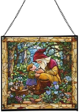 Gnome Mother Tending Her Child Stained Glass Suncatcher – Square Hanging Window Panel for Home, Garden, Nursery, Halloween, Christmas, Memorial Day – Whimsical Glass Art Gift for Gnome Lovers tpjzue by Custom
