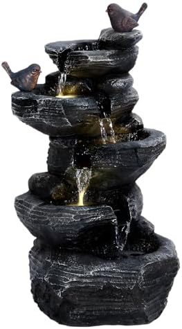 5-Tier Cascading Rock Outdoor Waterfall Fountain, Garden Fountains with LED Lights, Weather-Resistant Resin, Soothing Water Flow, Waterfall Fountain for Patio, Backyard, Indoor/Outdoor Decor Black1 by Unknown