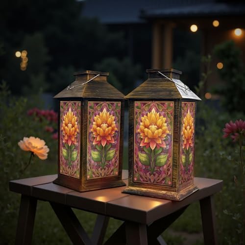 Stained Glass Style Solar Lantern Outdoor Garden Hanging Lantern Colorful Sunflower Stained Glass Lavender Green Waterproof Solar Powered Lighting Outside Table Lamp for Patio Deck Yard Camping - Image 6