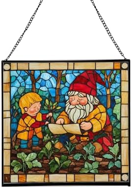 Gnome with Garden Planning Stained Glass Suncatcher – Square Hanging Window Panel for Home, Garden, Nursery, Halloween, Christmas, Memorial Day – Whimsical Glass Art Gift for Gnome Lovers iw0wde by Custom