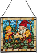 Gnome with Garden Planning Stained Glass Suncatcher – Square Hanging Window Panel for Home, Garden, Nursery, Halloween, Christmas, Memorial Day – Whimsical Glass Art Gift for Gnome Lovers iw0wde by Custom