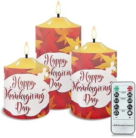Cozeyat Flickering Flameless Electric Candles with Timer 3 Pieces, Fall Maple Leaf Print LED Candles Battery Operated, Realistic Wax Pillar Tealights for Thanksgiving Day Indoor Decor by Cozeyat