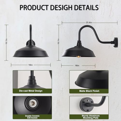 Outdoor Barn Lights with Dusk to Dawn Sensor for Porch, 16in Exterior Light Fixture with Wall Mount, Black Industrial Outdoor Wall Sconces Outside for Barn, Garage, Patio, 2 Pack - Image 2