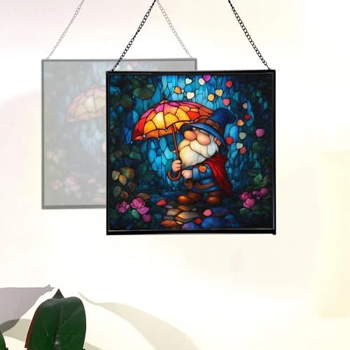 Gnome and Umbrella Petal Shower Stained Glass Suncatcher – Square Hanging Window Panel for Home or Greenhouse – Whimsical Glass Art Gift for Garden Lovers, Christmas, Halloween, Father Days ehmBik - Image 4