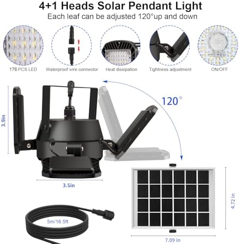 Auzev Solar Shed Light Indoor Outdoor Upgrade 176 LED 4 and 1 Heads Solar Powered Motion Sensor Pandent Daytime Work Lights with 4 Modes Remote Control Security lamp for Garage Gazebo Barn (2 Pack) - Image 5