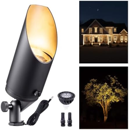 Gardenreet Brass Landscape Spotlights Low Voltage - Outdoor LED Uplight 12V, Wired Spot Lights IP65 Waterproof, Black for Exterior Garden Yard Tree House with 5W 2700K Warm White MR16 Bulb by Gardenreet