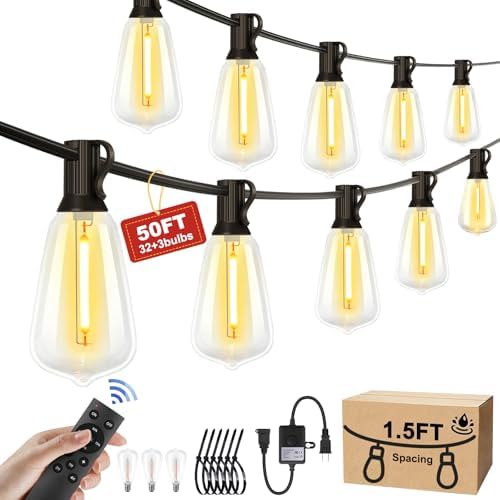 Outdoor String Lights 50FT with 32 Bulbs 1.5FT Spacing, 120W Dimmer, Remote by Porbench