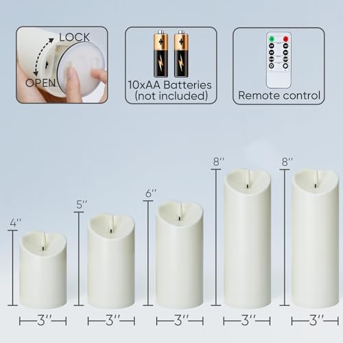 Homemory Outdoor Waterproof Flameless Candles, LED Candles, Battery Operated Candles with Remote and Timers, Electric Fake Plastic Pillar Candles, Ivory White, D3 H4 5" 6" 8" 8", Set of 5 - Image 6