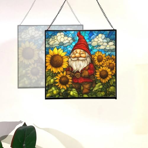 Sunflower Field Gnome Stained Glass Suncatcher – Square Hanging Window Panel for Home or Greenhouse – Whimsical Glass Art Gift for Garden Lovers, Christmas, Halloween, Father Days MDadjk - Image 4