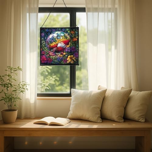 Floating Bubble Nest Gnome Stained Glass Suncatcher – Square Hanging Window Panel for Home or Greenhouse – Whimsical Glass Art Gift for Garden Lovers, Christmas, Halloween, Father Days LGtTkD - Image 7